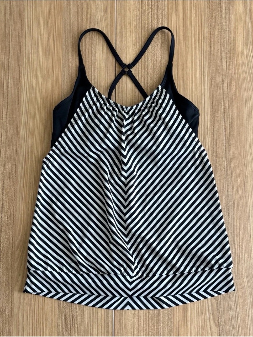 Athleta Slash Stripe Blousy Tankini Swimsuit Top Black White 32 B/C Beach Resort